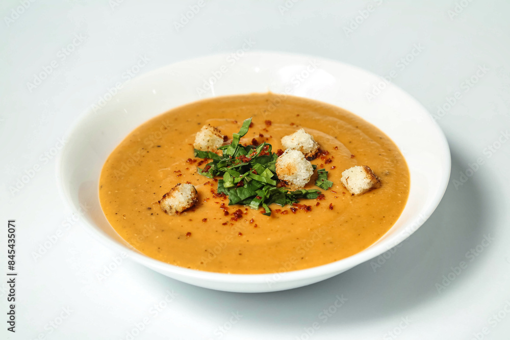 White Bowl With Soup and Croutons White Bowl With Soup and Croutons