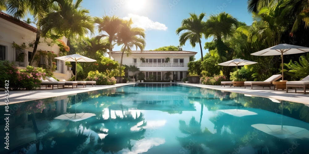 Miami Mansion A Luxury Retreat with a Tropical Garden Pool. Concept Luxury Retreat, Miami Mansion, Tropical Garden, Poolside Paradise, Miami Getaway