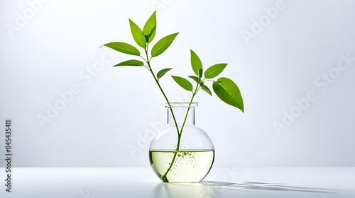 Plants in chemical flasks, plant laboratory, plant growth, green tender leaves, plant roots, close-up of plants