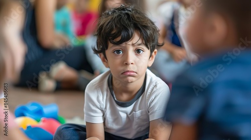 Child feeling rejected in a group activity, playful setting, sad face photo
