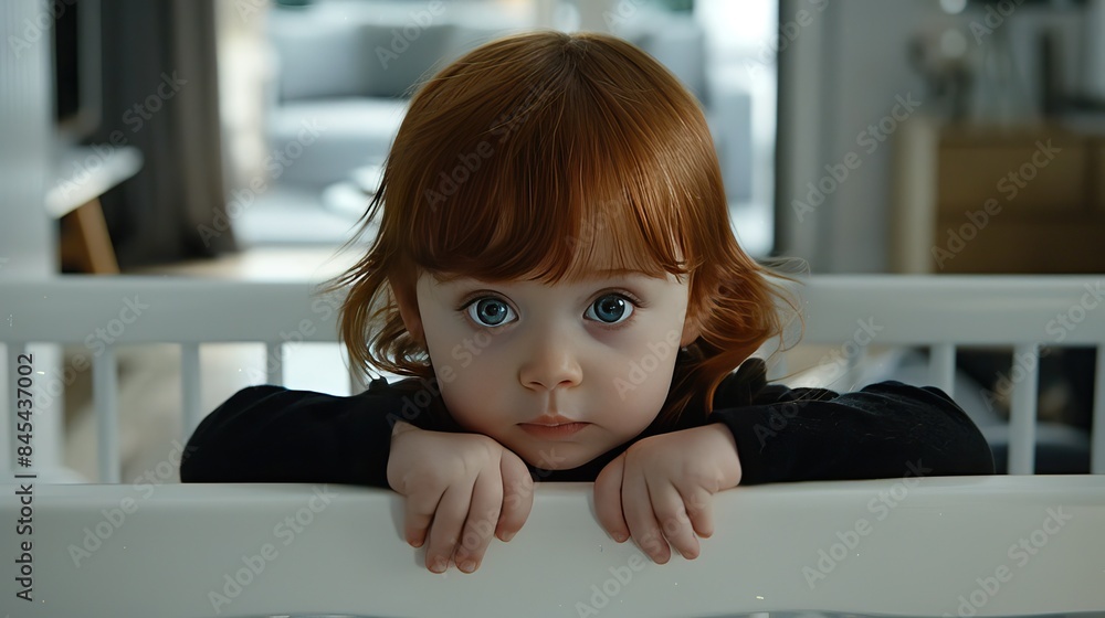 a curious toddler stands up in a crib, clutching the guardrail, and gazes at the camera in a bedroom adorned with white furniture. a curious toddler stands up in a crib, clutching the guardrail, and gazes at the camera in a bedroom adorned with white furniture.