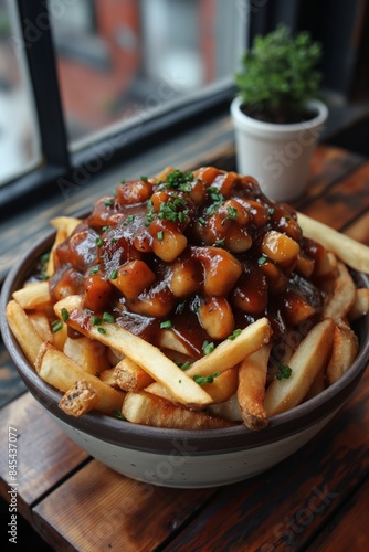 Richly topped poutine with gravy and cheese in a grey bowl on a table photo