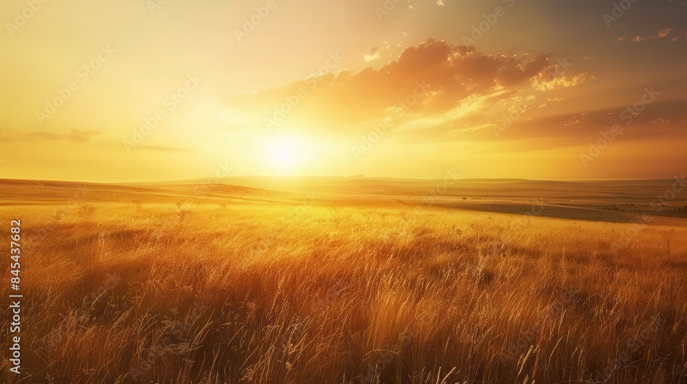 The image shows a beautiful sunset over a golden wheat field