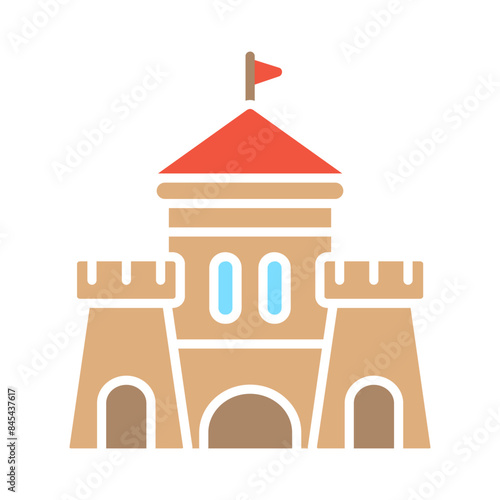 Castle set icon. Tan fortress, red roof, blue windows, medieval architecture, stronghold, historical building, tower, moat, battlements.