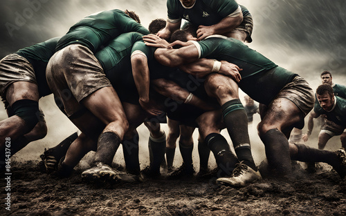Wallpaper Mural Low angle view of a rugby player’s cleats in a scrum, intense match, muddy field Torontodigital.ca