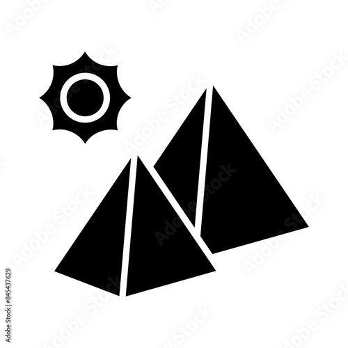 Pyramids set icon. Two yellow pyramids, sun, black outline, ancient Egypt, historical monument, architecture, desert, landmark, tourism.