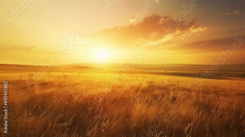 The image shows a beautiful sunset over a golden wheat field