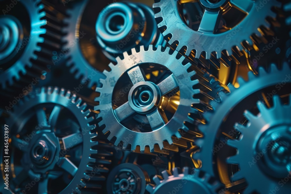 Complex arrangement of metallic gears in industrial machinery, showcasing mechanical engineering and precision technology innovation. Complex arrangement of metallic gears in industrial machinery, showcasing mechanical engineering and precision technology innovation.