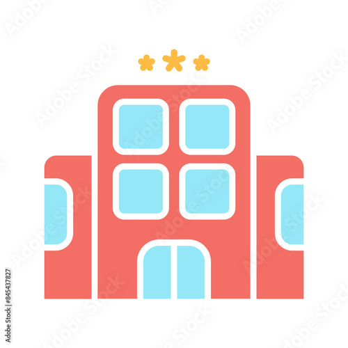 Hotel set icon. Red building, blue windows, three stars, accommodation, lodging, hospitality, travel, tourism, vacation, stay.