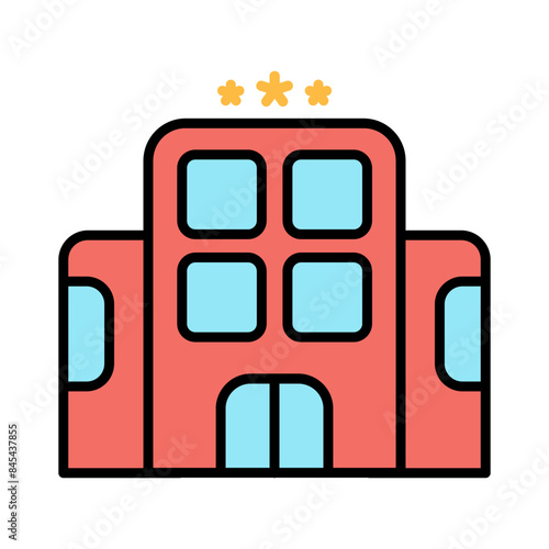 Hotel set icon. Red building, blue windows, three stars, accommodation, lodging, hospitality, travel, tourism, vacation, stay.