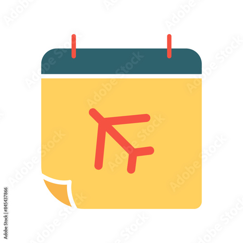 Travel itinerary set icon. Yellow and red calendar, airplane symbol, travel plans, schedule, trip, vacation, organization, planning.