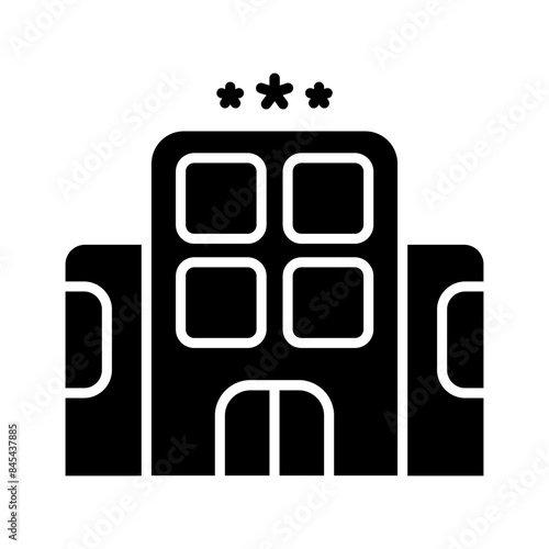 Hotel set icon. Red building, blue windows, three stars, accommodation, lodging, hospitality, travel, tourism, vacation, stay.