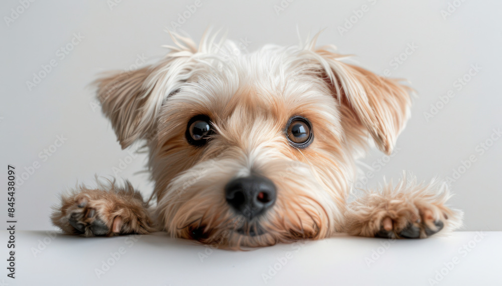 Adorable Close Up of a Fluffy Toy Terrier Puppy with Big Brown Eyes Looking Over a White Surface with a Soft Focus Background Adorable Close Up of a Fluffy Toy Terrier Puppy with Big Brown Eyes Looking Over a White Surface with a Soft Focus Background