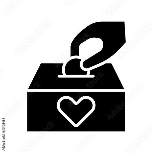 Donation icon. Hand placing coin in box with heart, charity, giving, philanthropy, help, donation, contribution.