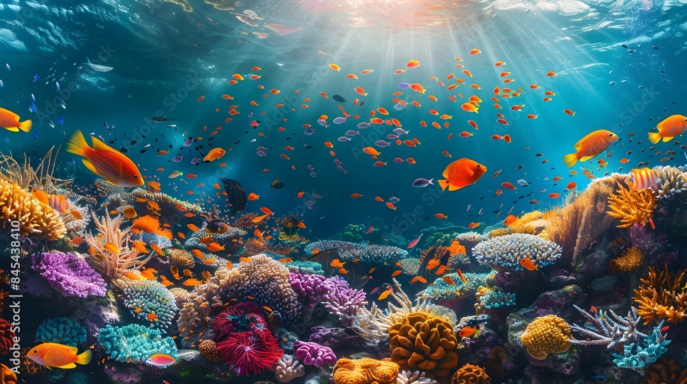 Fototapeta premium Vibrant Coral Reef Teeming with Colorful Marine Life in the Tropical Ocean