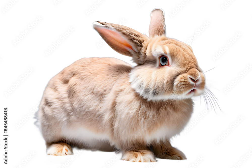 Obraz premium Studio portrait of cute rabbit isolated on transparent png background, happy bunny running on floor, adorable fluffy rabbit that sniffing.