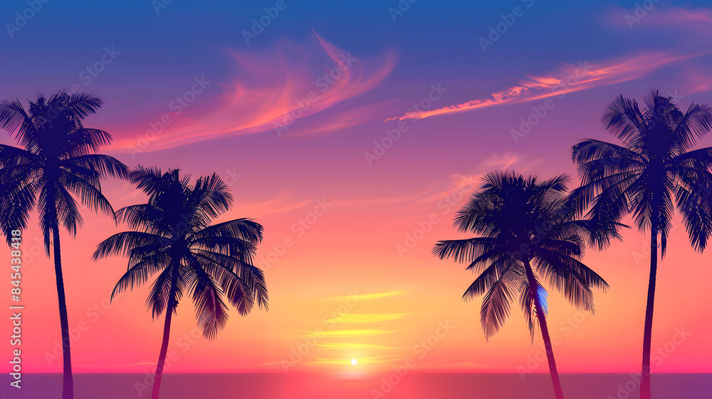 Beautiful tropical sunset featuring a vibrant sky with shades of pink, orange, and purple, silhouetted by tall palm trees. The serene scene evokes feelings of relaxation and paradise Beautiful tropical sunset featuring a vibrant sky with shades of pink, orange, and purple, silhouetted by tall palm trees. The serene scene evokes feelings of relaxation and paradise