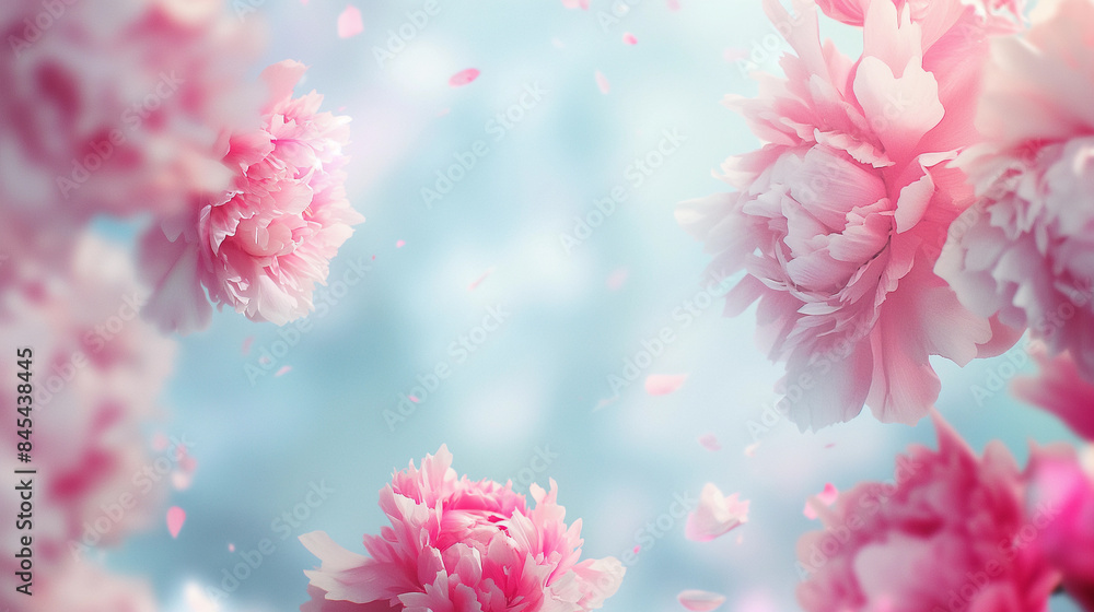 Romantic light bluish background framed by pink peony flowers Romantic light bluish background framed by pink peony flowers