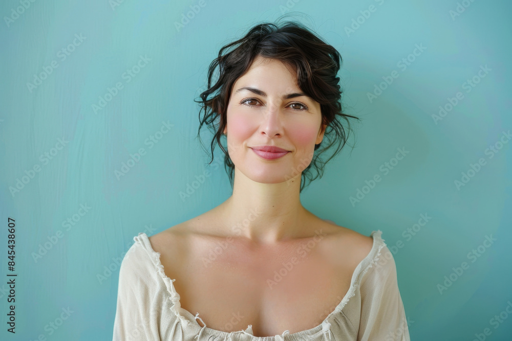 A close up portrait of a woman with a subtle smile A close up portrait of a woman with a subtle smile