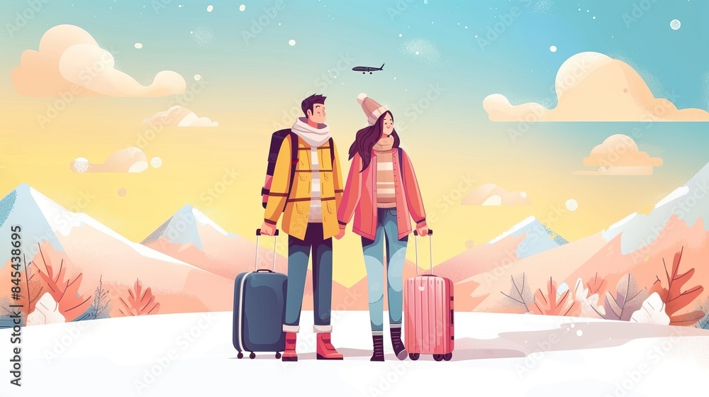 Naklejka premium A couple dressed in winter clothing standing on a snowy landscape with mountains in the background. They are holding suitcases and looking at the sky where an airplane is flying.