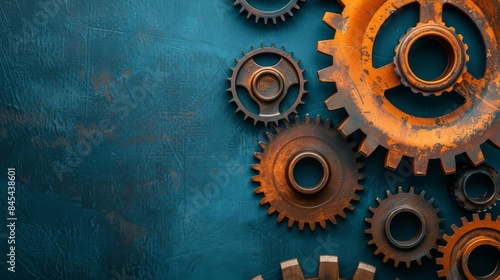 Closeup of rusty gears on a blue background, symbolizing mechanical engineering, teamwork, and industrial machinery.