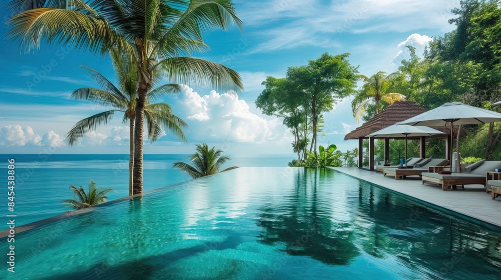 Fototapeta premium A luxurious infinity pool overlooking a tropical ocean with palm trees and lounge chairs under umbrellas on a sunny day.