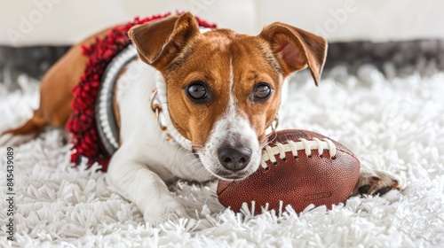 a cute dog holding a football against a natural backdrop  blending the beauty of nature with the joy of sports.