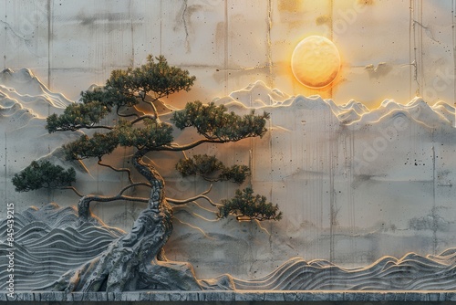 Volumetric stucco molding depicting a serene Japanese landscape with a bonsai tree photo