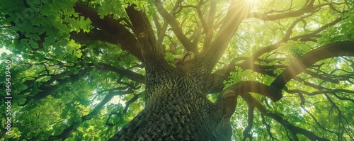 The photo shows a lush green canopy of a tree with branches reaching out in all directions photo