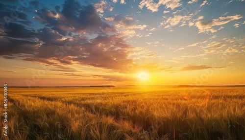 The warm colors of the sunset and the golden hue of the wheat field create a beautiful and peaceful scene.