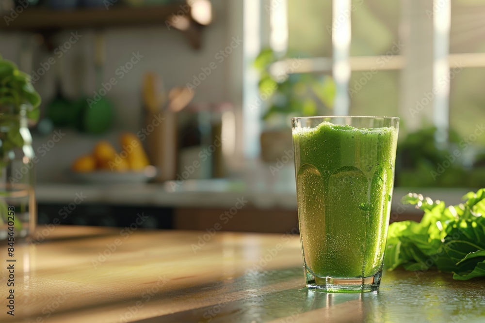 A green smoothie of vegetables and herbs in a glass on the kitchen table. Healthy Green Vegan Drink A green smoothie of vegetables and herbs in a glass on the kitchen table. Healthy Green Vegan Drink