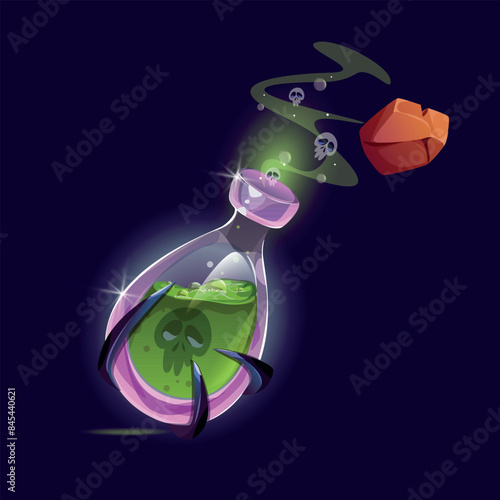 Vector image of a poisonous potion of a witches' magic elixir in glass bottles with a wooden stopper