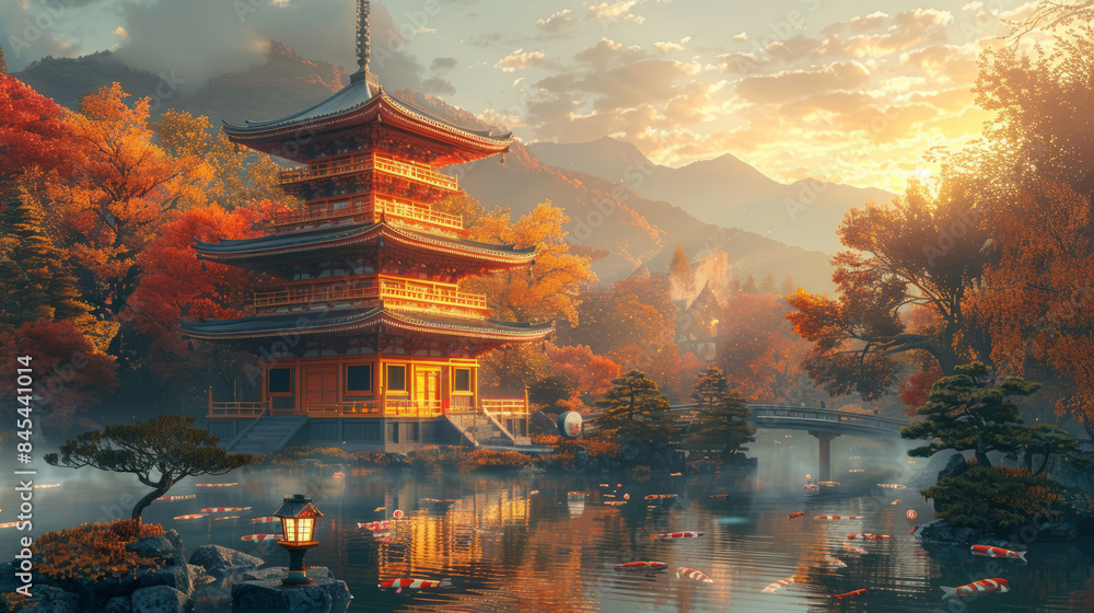 Obraz premium Golden Japanese pagoda surrounded by koi ponds and meticulously groomed bonsai trees, lanterns glowing warmly