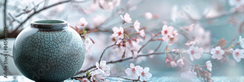 Ethereal Korean moon jar with a crackled celadon glaze, surrounded by delicate cherry blossom branches photo