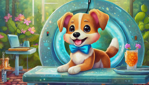 oil painting style cartoon character cute dog receiving an RMI scan at a pet hospital,  photo