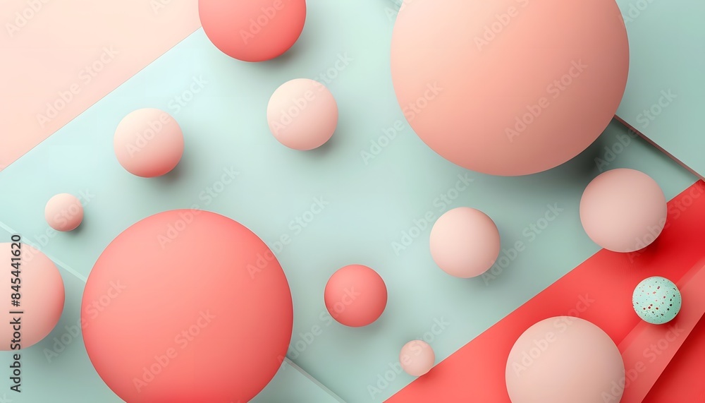 Colorful geometric background with floating 3D spheres and soft pastel colors for creative design, digital art, flat lay composition, top view. In the style of floating spheres and soft pastel colors Colorful geometric background with floating 3D spheres and soft pastel colors for creative design, digital art, flat lay composition, top view. In the style of floating spheres and soft pastel colors