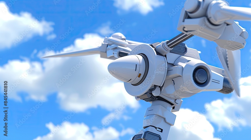 a white wind turbine standing against a blue sky, symbolizing green energy and renewable electricity production. a white wind turbine standing against a blue sky, symbolizing green energy and renewable electricity production.