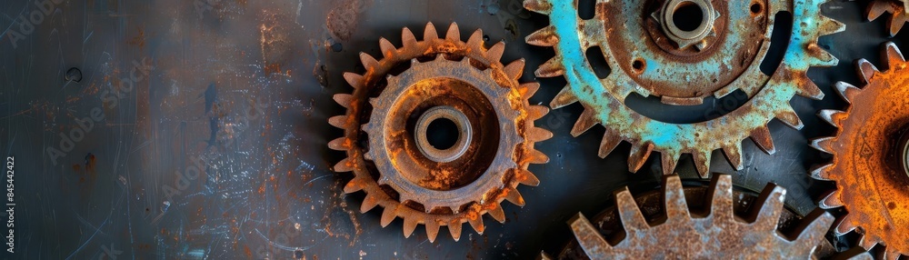 Frameworks for industrial maintenance of rusty gears, top view, focusing on structured approaches, advanced tone, Splitcomplementary color scheme Frameworks for industrial maintenance of rusty gears, top view, focusing on structured approaches, advanced tone, Splitcomplementary color scheme