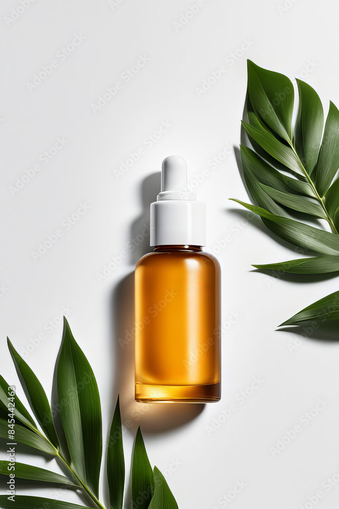 Top view of the dropper bottle and green tropical leaves near it on white background. Trendy presentation of cosmetic product. Mockup. AI Generative Top view of the dropper bottle and green tropical leaves near it on white background. Trendy presentation of cosmetic product. Mockup. AI Generative