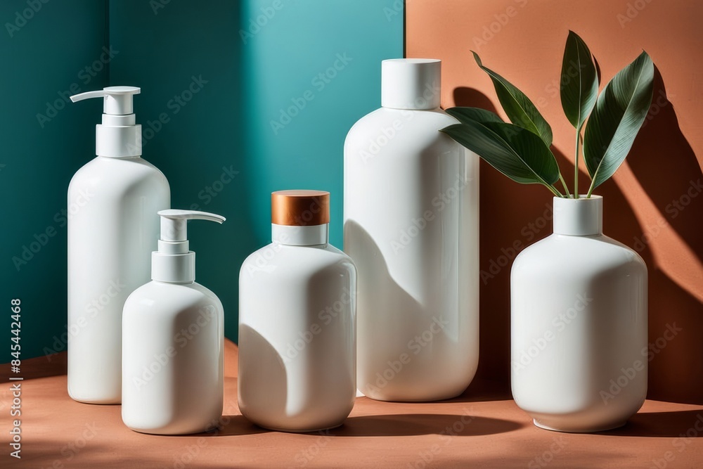 Assortment of bottles on terracota background. Face or hand cream set on double background Cosmetic Tube Blank Mockup. Assortment of bottles on terracota background. Face or hand cream set on double background Cosmetic Tube Blank Mockup.