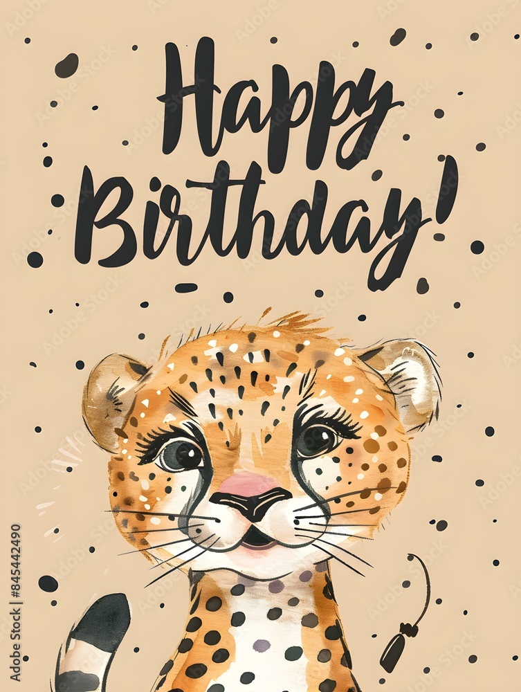 Naklejka premium Happy Birthday Card with a cute Cheetah Illustration on a beige Background