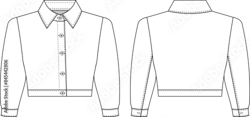 collared buttoned balloon half 3/4 short sleeve crop cropped denim jean shirt jacket template technical drawing flat sketch cad mockup fashion woman design style model

