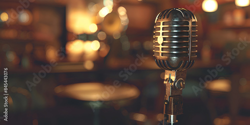 microphone on stage with lights blur background  photo