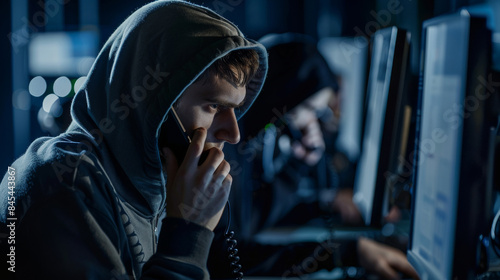 Group of scammer wearing a hoodie is talking on a cell phone, fraud and criminal concept photo