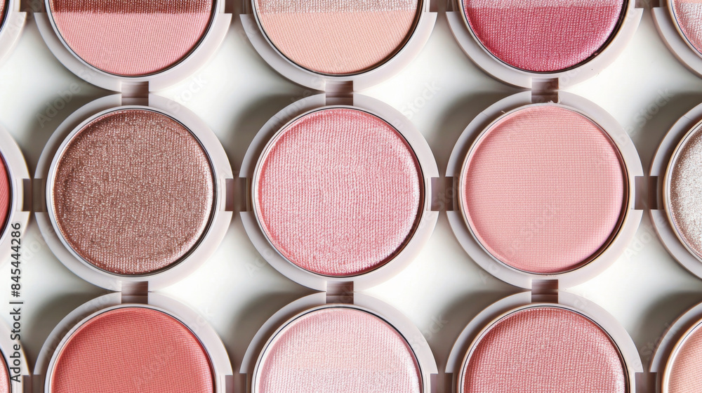A row of small pink blush palettes and power, beauty product background A row of small pink blush palettes and power, beauty product background