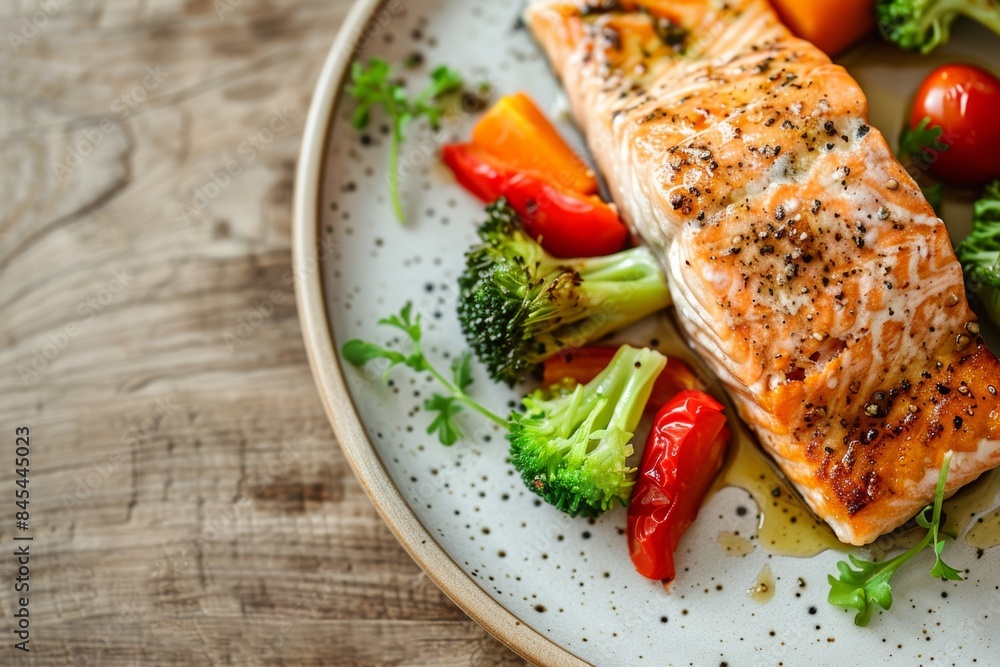 Grilled salmon fillet with fresh vegetables on a rustic wooden table Grilled salmon fillet with fresh vegetables on a rustic wooden table