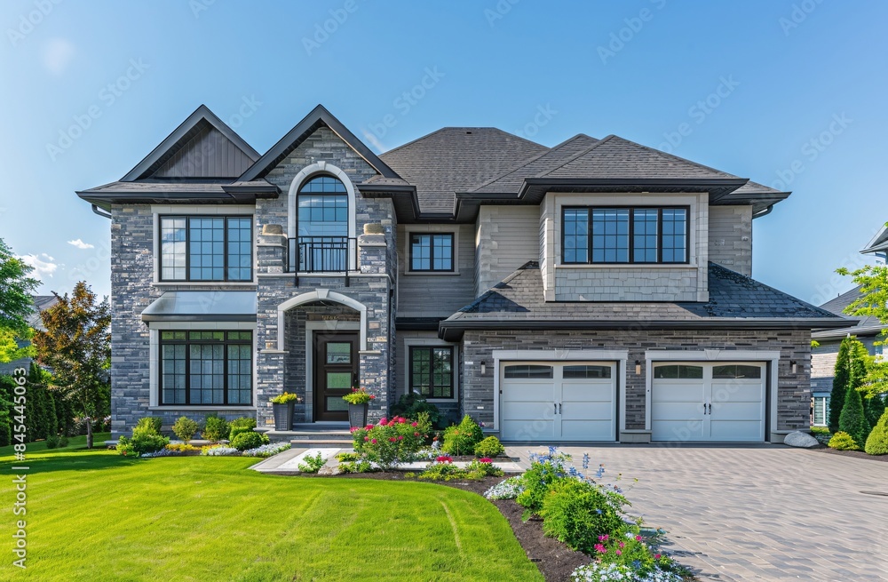 A beautiful, two-story luxury home with large windows and an elegant front door stands against the blue sky on a sunny day A beautiful, two-story luxury home with large windows and an elegant front door stands against the blue sky on a sunny day