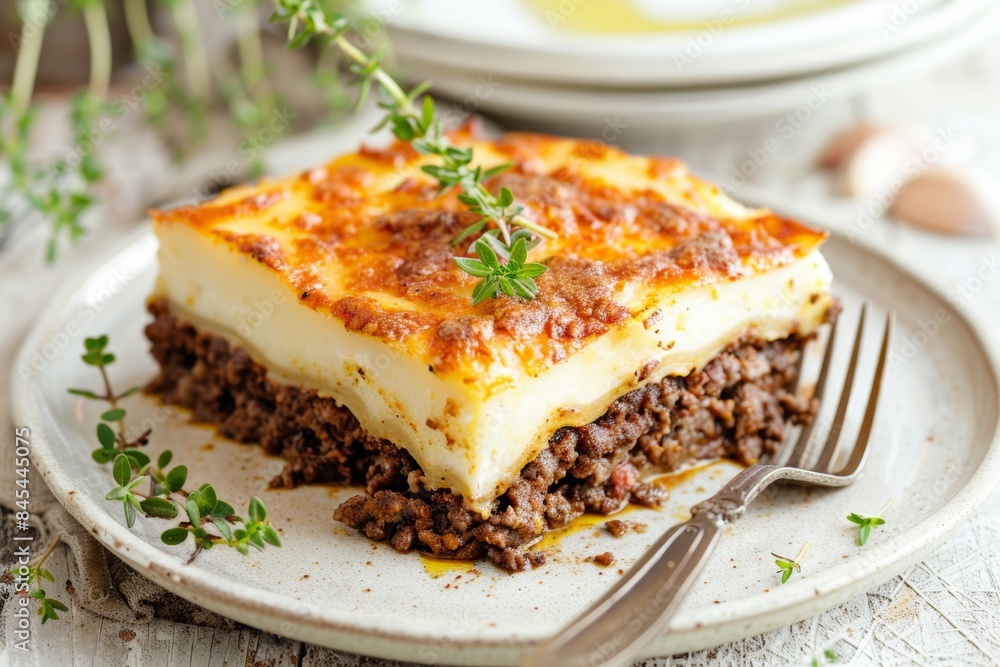 Homemade classic beef lasagna on rustic table Homemade classic beef lasagna on rustic table
