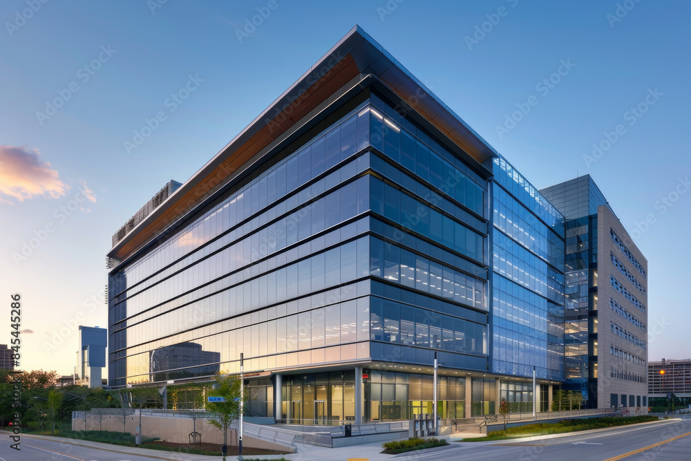 A data center situated in an urban environment, with a sleek, modern design that blends into a cityscape. The exterior has contemporary architectural elements A data center situated in an urban environment, with a sleek, modern design that blends into a cityscape. The exterior has contemporary architectural elements