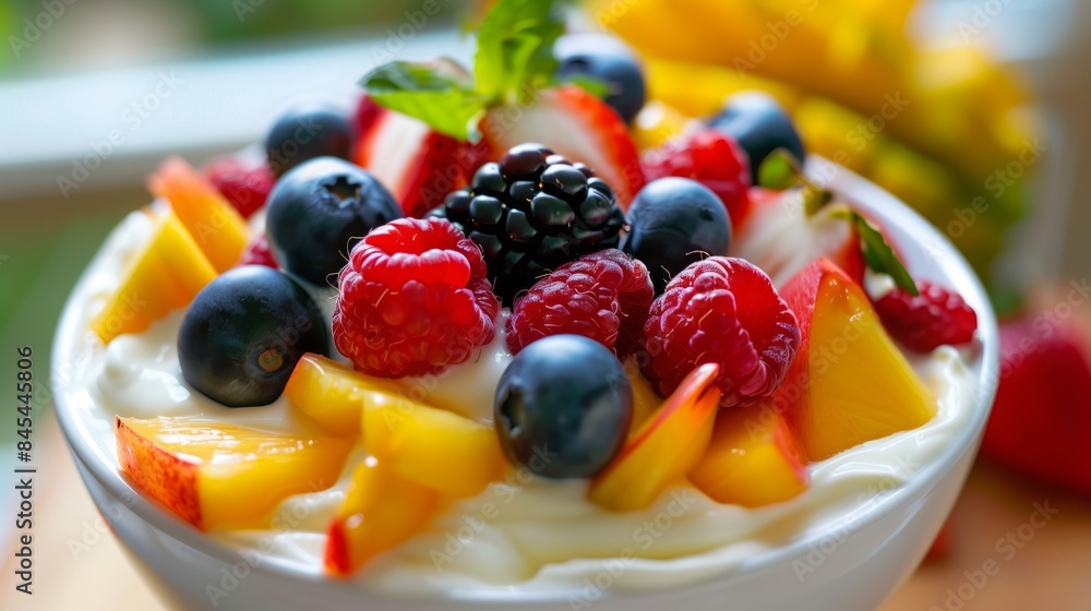 Bowl of creamy yogurt topped with fresh fruits. Bowl of creamy yogurt topped with fresh fruits.